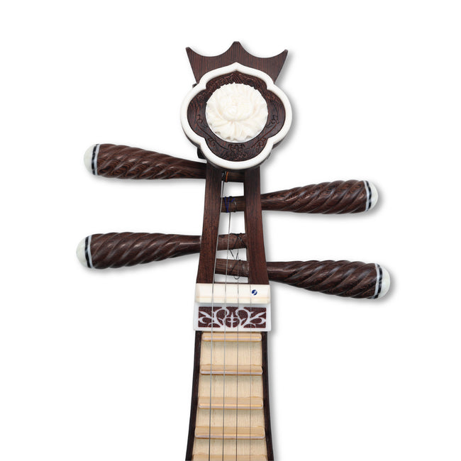 Close-up of the Liuqin headstock with carved floral motif and twisted tuning pegs, highlighting the craftsmanship of Liang Hao's professional grade instrument.