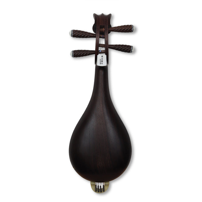 Full rear view of the Liuqin made from Wenge wood, highlighting its elegant teardrop shape and polished craftsmanship for professional performance.